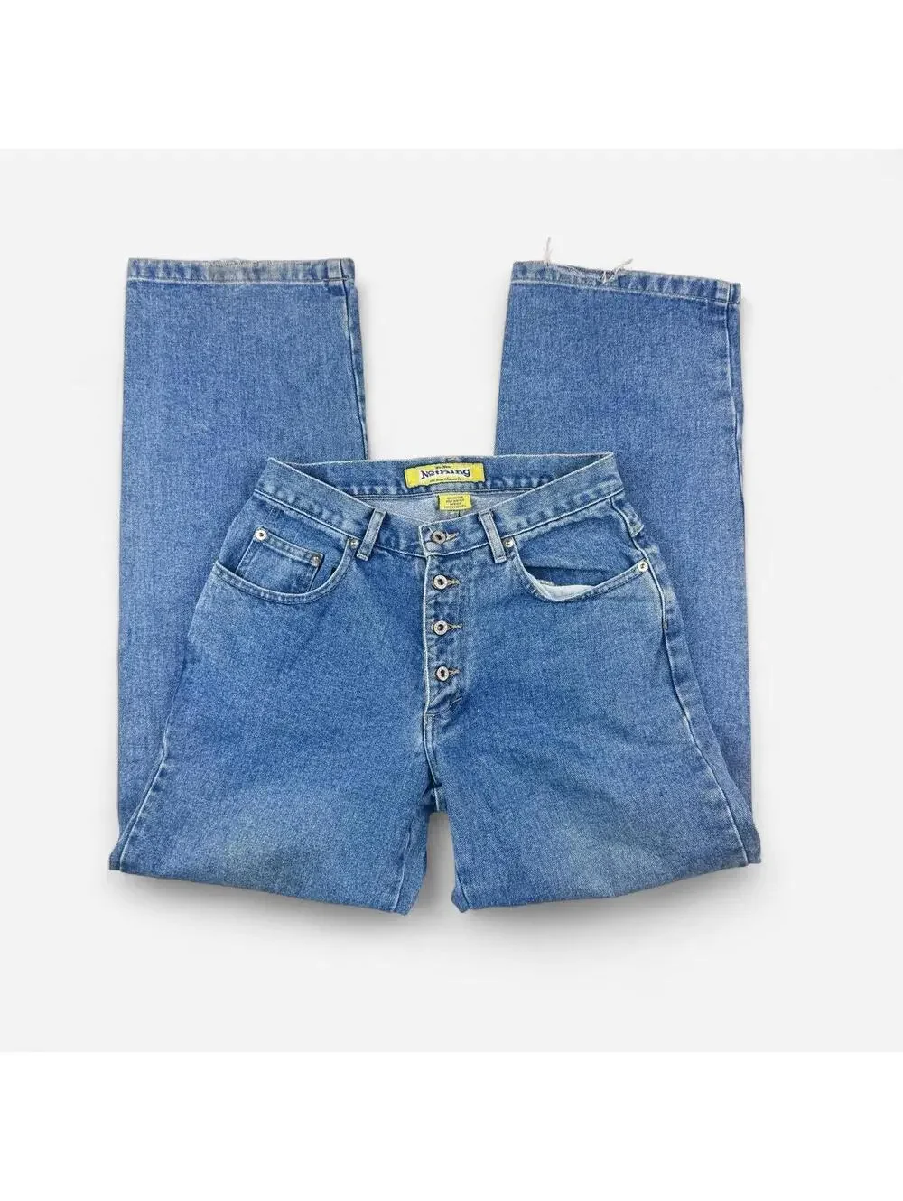 Vintage 90s Light Wash Button Fly High Rise Straight Jeans in Blue